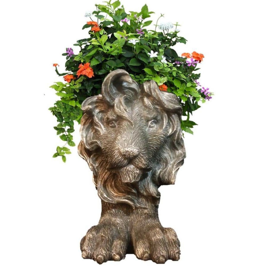 Outdoor Decor * | Homestyles 18 In. Graystone Lion Muggly Mascot Animal Statue Planter Holds A 7 In. Pot