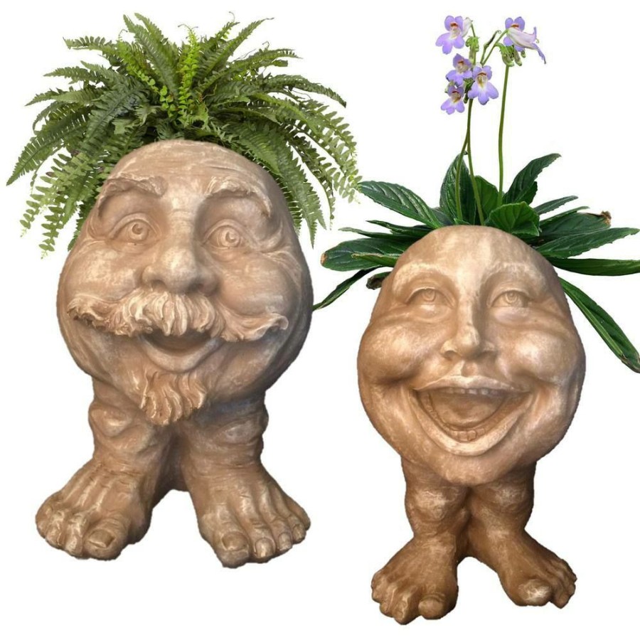 Outdoor Decor * | Homestyles 12 In. Stone Wash Uncle Nate And Aunt Minnie The Muggly Face Statue Planter Holds 4 In. Pot (2-Pack)