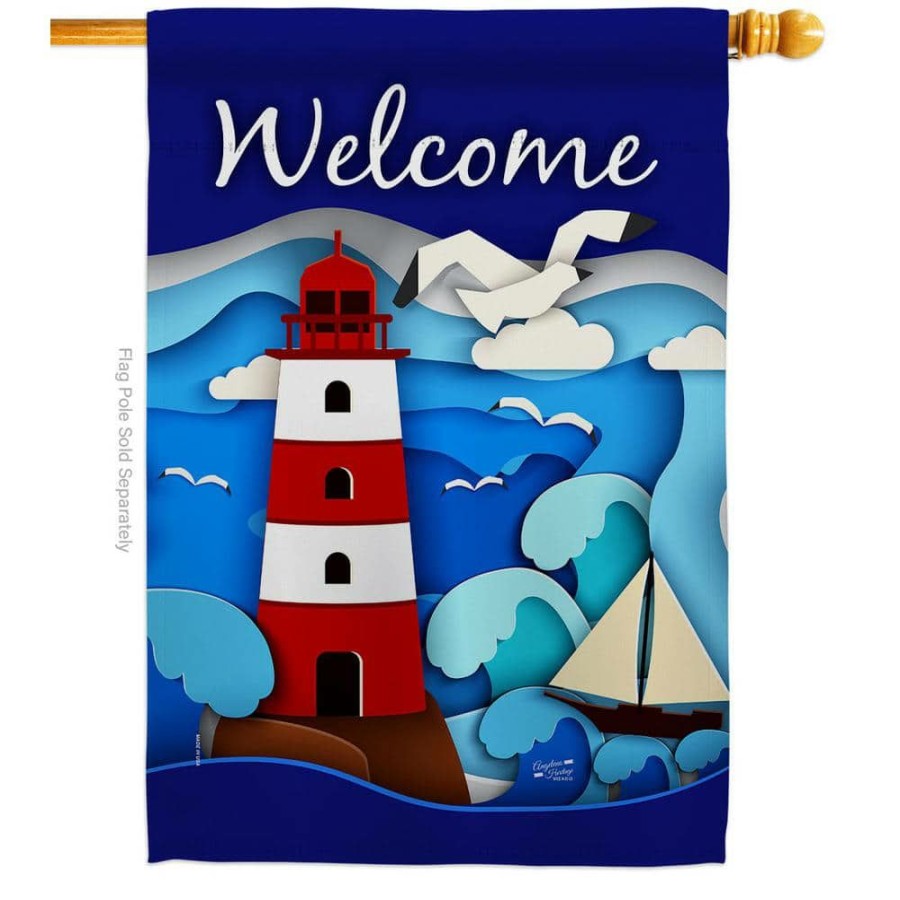 Outdoor Decor * | Angeleno Heritage Made And Designed Los Angeles California 28 In. X 40 In. Welcome Red Lighthouse Coastal House Flag Double-Sided Decorative Vertical Flags