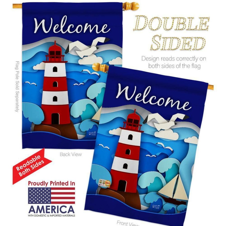 Outdoor Decor * | Angeleno Heritage Made And Designed Los Angeles California 28 In. X 40 In. Welcome Red Lighthouse Coastal House Flag Double-Sided Decorative Vertical Flags