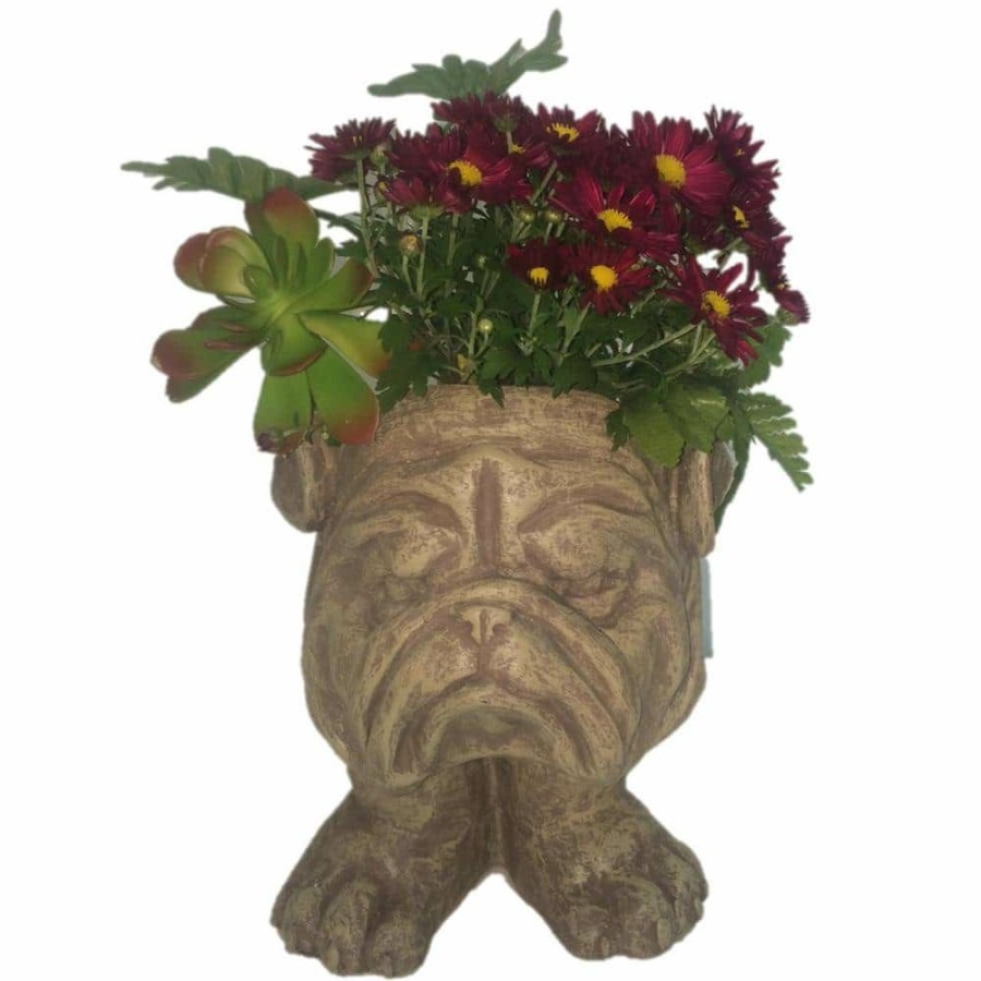 Planters * | Homestyles 13 In. Stone Wash Bulldog Muggly Planter Statue Holds 4 In. Pot