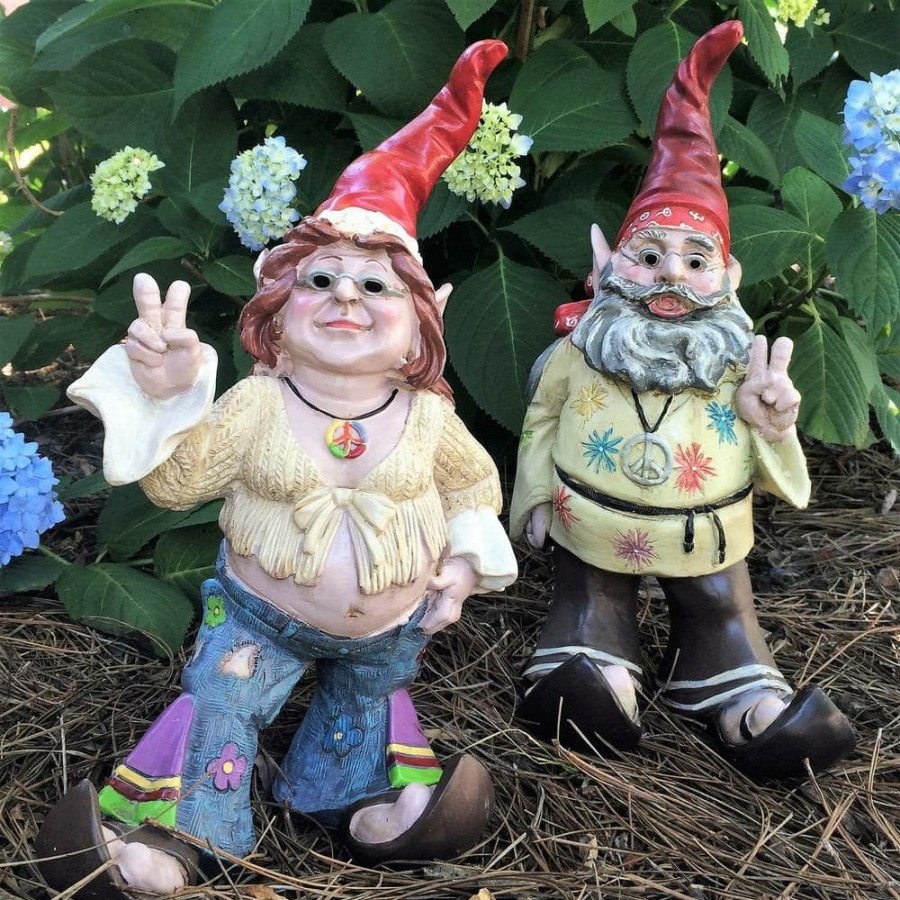 Outdoor Decor * | Homestyles 14.5 In. H Jerry Peace Man And Janice Chick Flower Child Hippie Gnome Home And Garden Gnome Statue