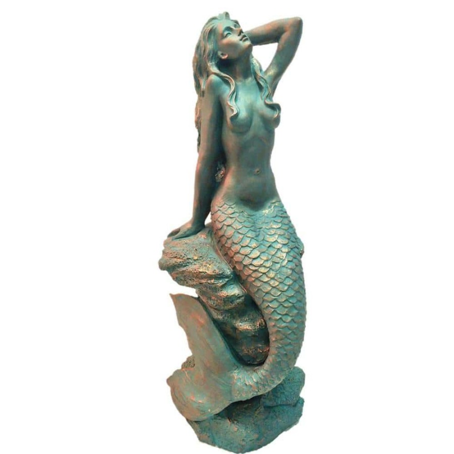 Outdoor Decor * | Homestyles 28 In. Mermaid Bronze Patina Sitting On Coastal Rock Beach Collectible Statue