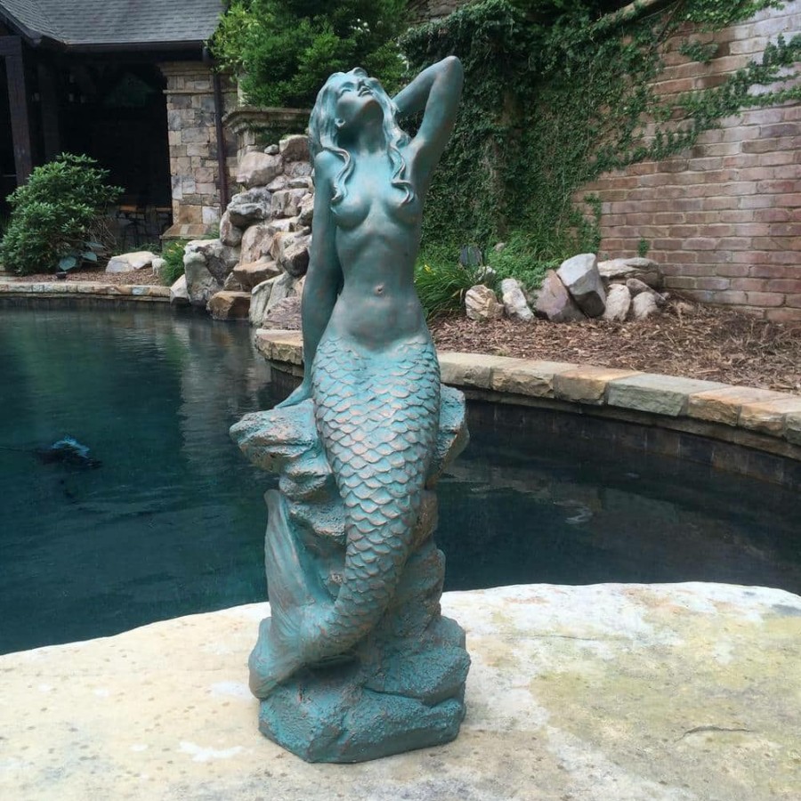 Outdoor Decor * | Homestyles 28 In. Mermaid Bronze Patina Sitting On Coastal Rock Beach Collectible Statue