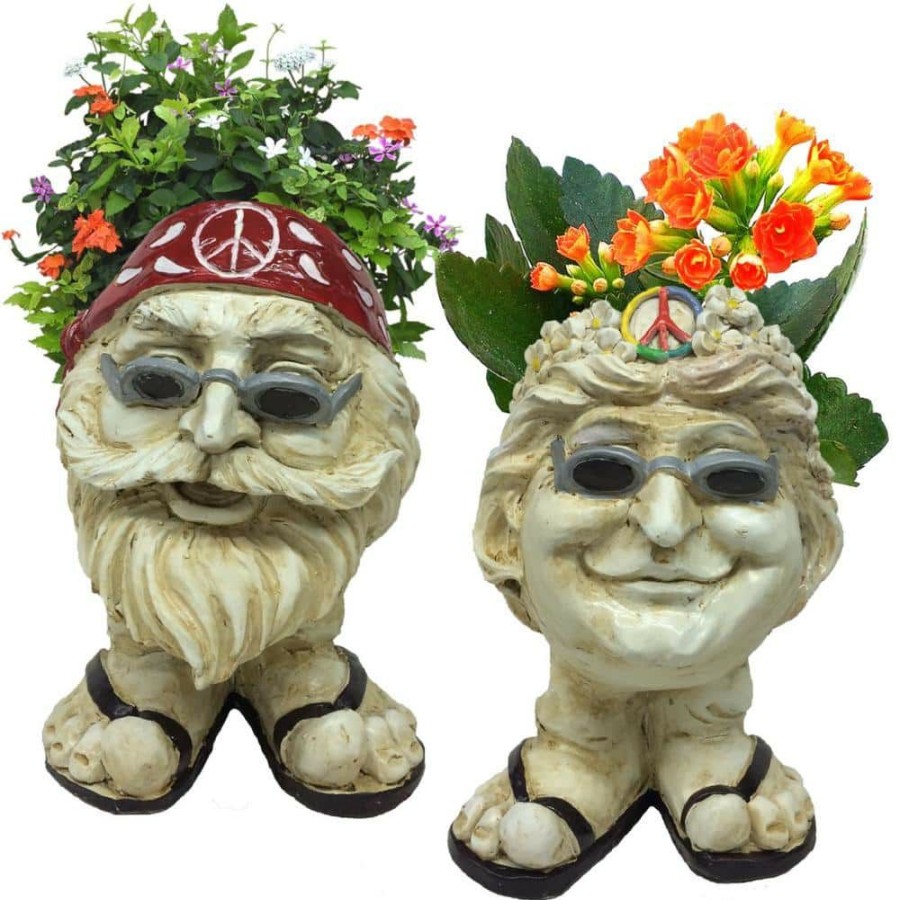 Planters * | Homestyles 13 In. H Hippie Jerry And Hippie Chick Janice Antique White Muggly Face Planter Statue Holds 4 In. Pot