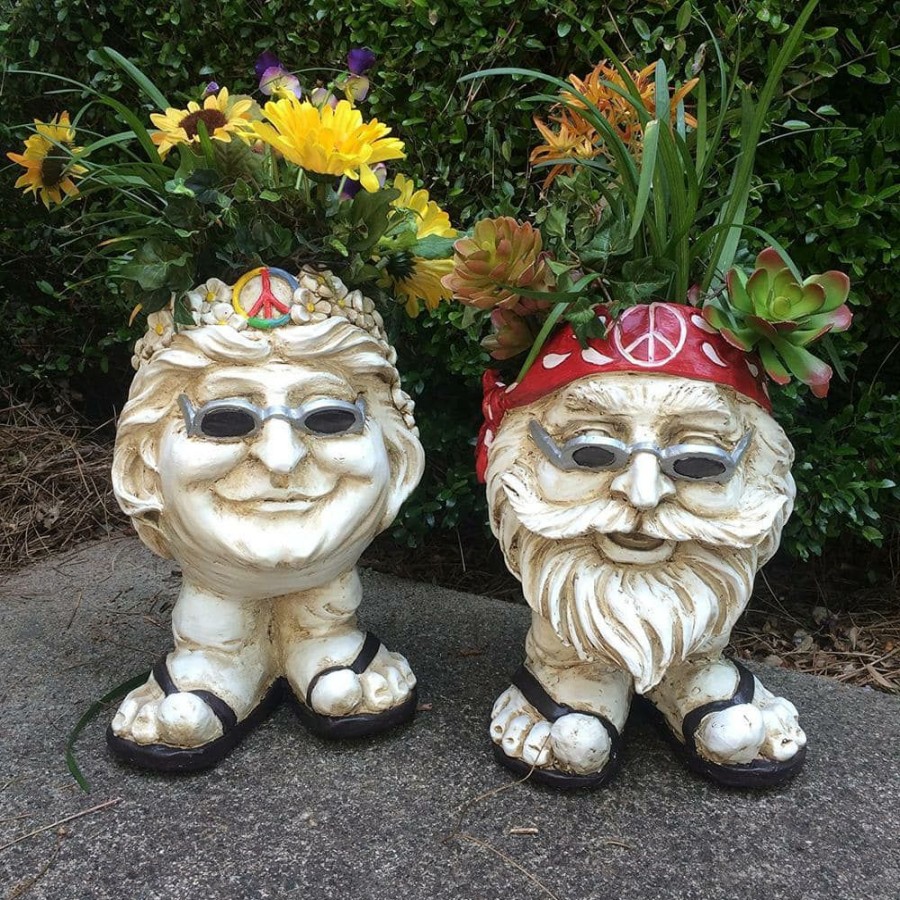 Planters * | Homestyles 13 In. H Hippie Jerry And Hippie Chick Janice Antique White Muggly Face Planter Statue Holds 4 In. Pot