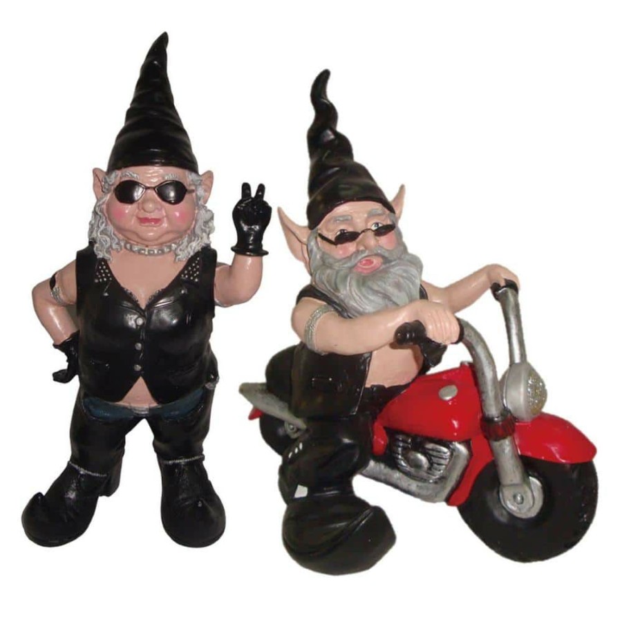 Outdoor Decor * | Homestyles 14.5 In. H Peace Sign Biker Babe And Dude Gnome Riding His 12 In. H Red Bike In Leather Motorcycle Gear Garden Statue