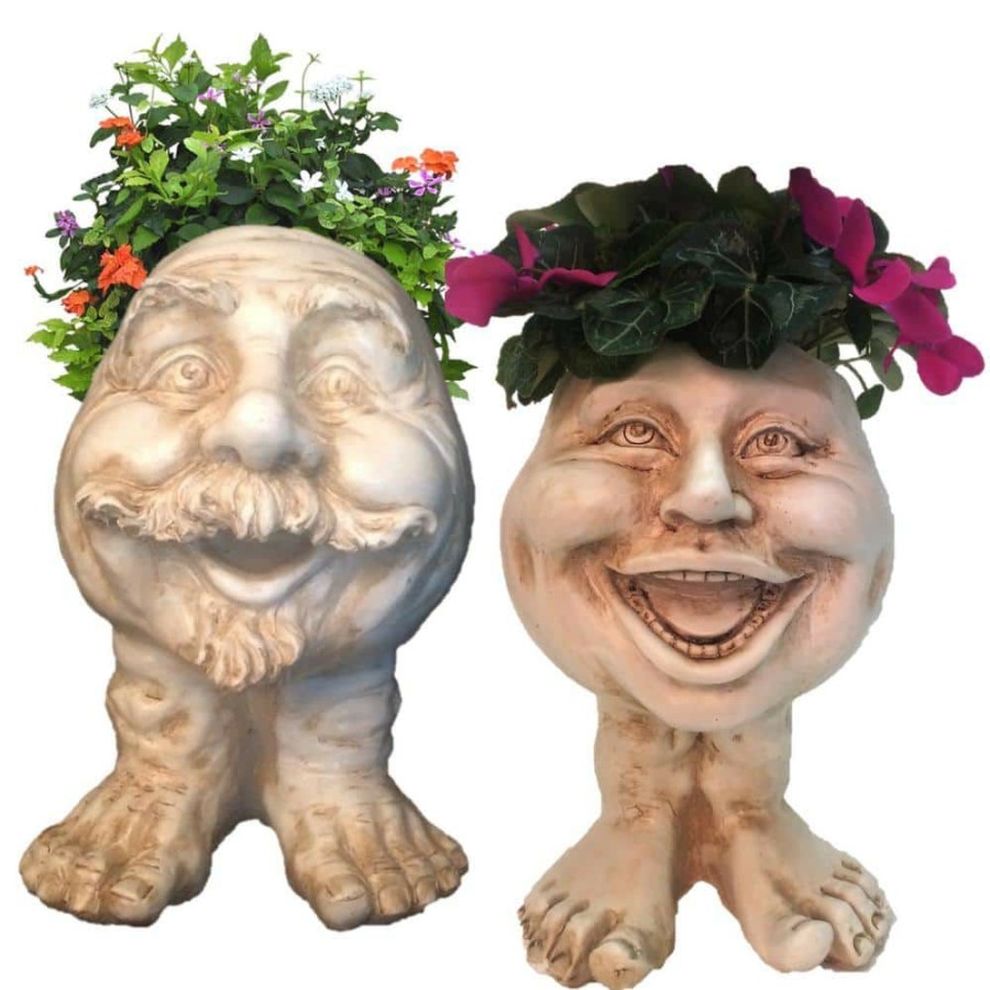 Outdoor Decor * | Homestyles 12 In. Antique White Uncle Nate And Aunt Minnie The Muggly Face Statue Planter Holds 4 In. Pot (2-Pack)