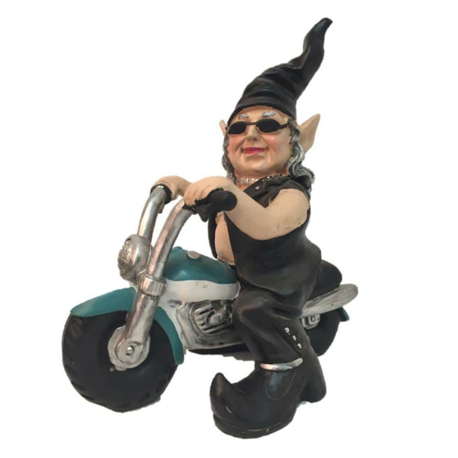 Outdoor Decor * | Homestyles 12 In. H Biker Babe The Biker Gnome In Leather Motorcycle Gear Riding Her Teal Bike Home And Garden Gnome Statue