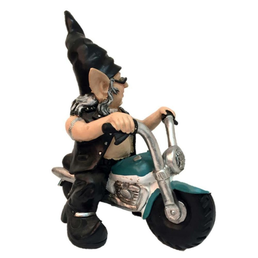 Outdoor Decor * | Homestyles 12 In. H Biker Babe The Biker Gnome In Leather Motorcycle Gear Riding Her Teal Bike Home And Garden Gnome Statue