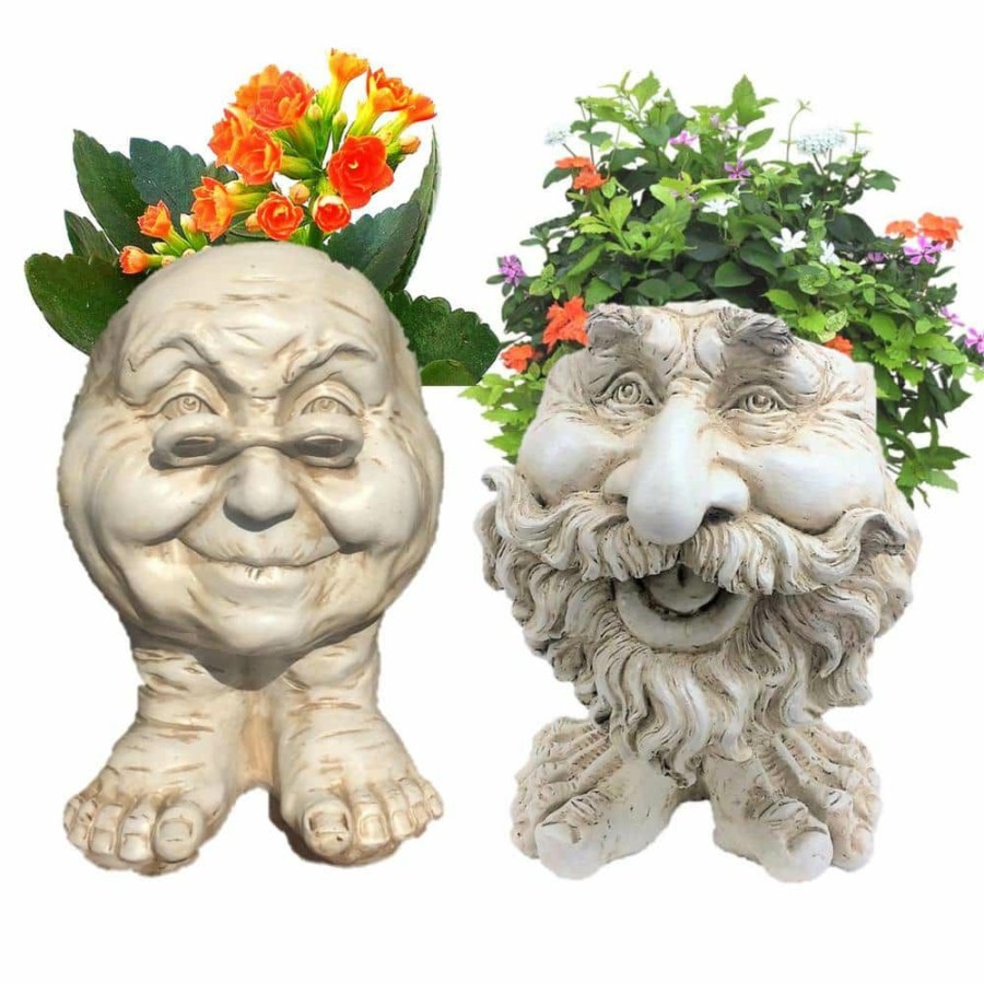 Outdoor Decor * | Homestyles 12 In. Antique White Ole Salty And Grandma Violet The Muggly Face Statue Planter Holds 4 In. Pot (2-Pack)