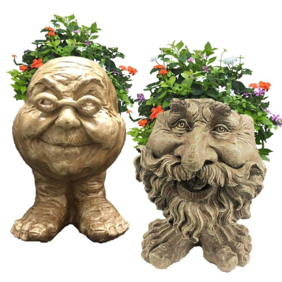 Outdoor Decor * | Homestyles 12 In. Stone Wash Ole Salty And Grandma Violet The Muggly Face Statue Planter Holds 4 In. Pot (2-Pack)