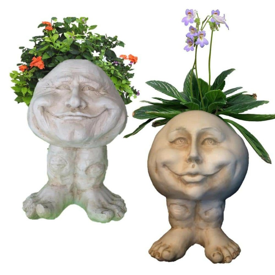 Outdoor Decor * | Homestyles 12 In. Antique White Papa John And Mama Petunia The Muggly Face Statue Planter Holds 4 In. Pot (2-Pack)