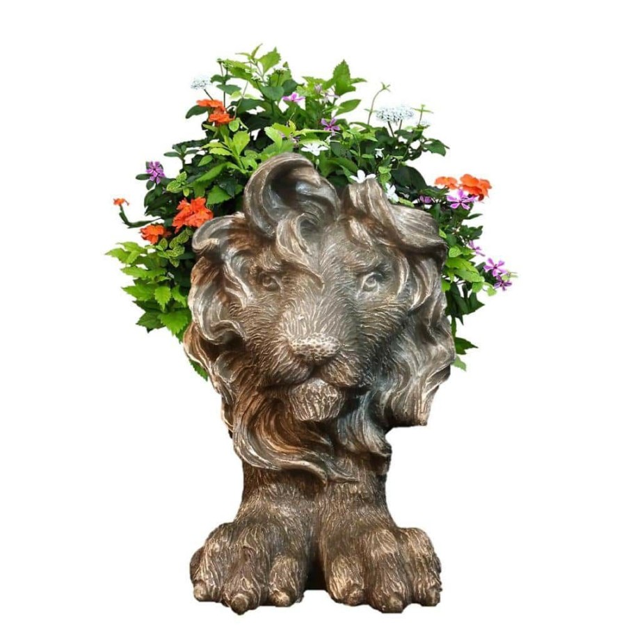 Outdoor Decor * | Homestyles 13 In. Graystone Lion Muggly Mascot Animal Statue Planter Holds A 5 In. Pot