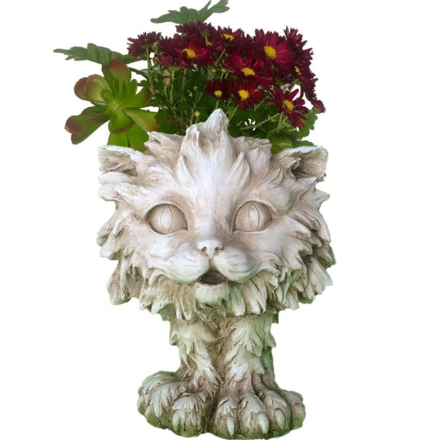 Outdoor Decor * | Homestyles 12 In. Antique White Scruffy The House Cat Muggly Planter Statue Holds 4 In. Pot