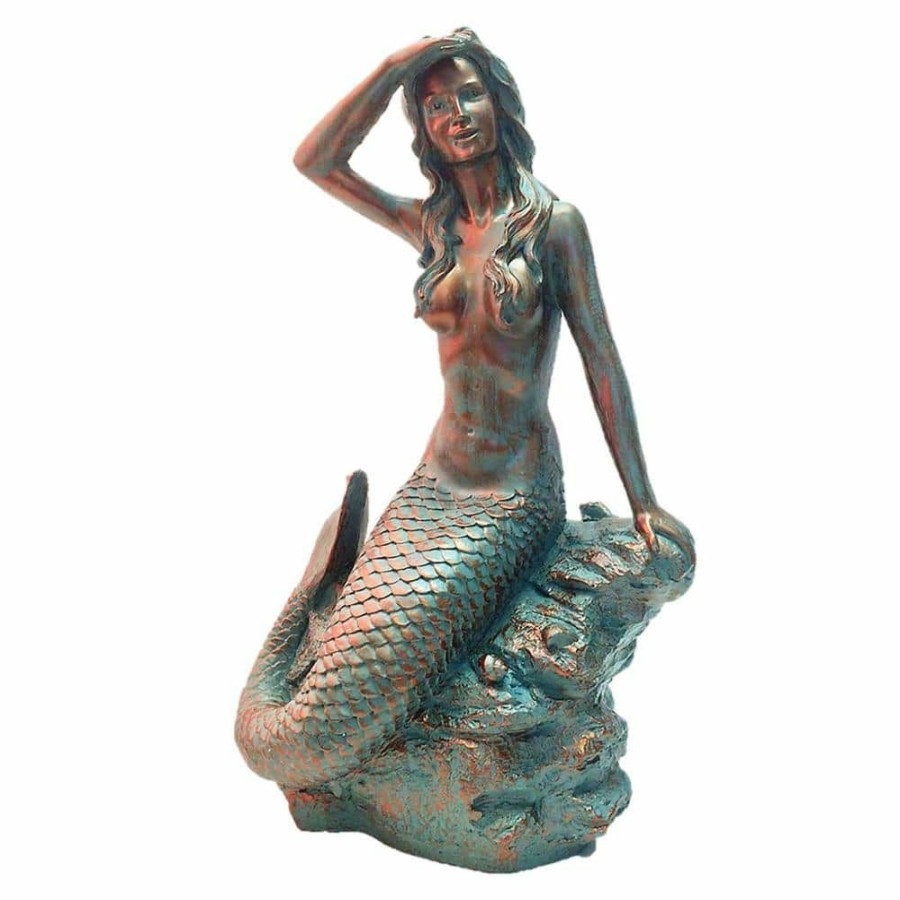 Outdoor Decor * | Homestyles 30 In. "Classic" Mermaid Bronze Patina Sitting On Coastal Rock Beach Collectible Statue