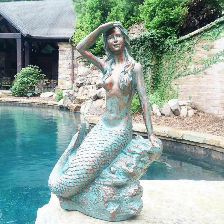 Outdoor Decor * | Homestyles 30 In. "Classic" Mermaid Bronze Patina Sitting On Coastal Rock Beach Collectible Statue