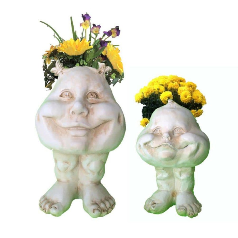 Outdoor Decor * | Homestyles Antique White Sister Suzy Q And Baby The Muggly Face Statue Planter Pot (2-Pack)