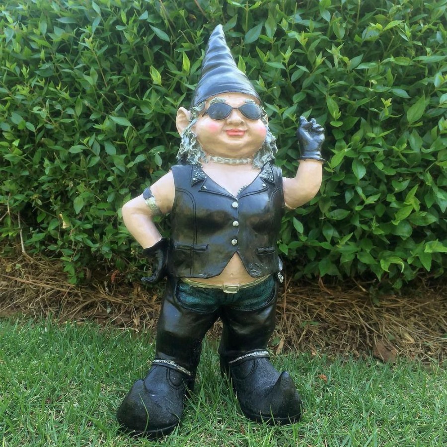 Outdoor Decor * | Homestyles 14.5 In. H Peace Sign Biker Babe The Biker Gnome In Full Leather Motorcycle Riding Gear Home And Garden Gnome Statue