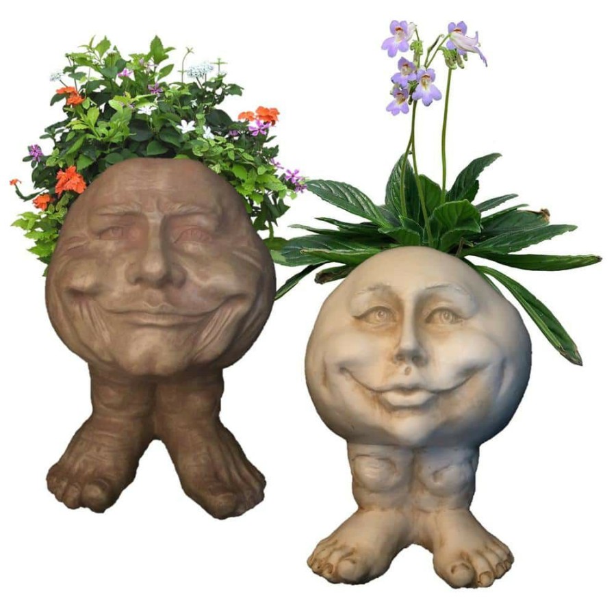 Outdoor Decor * | Homestyles 12 In. Stone Wash White Papa John And Mama Petunia The Muggly Face Statue Planter Holds 4 In. Pot (2-Pack)