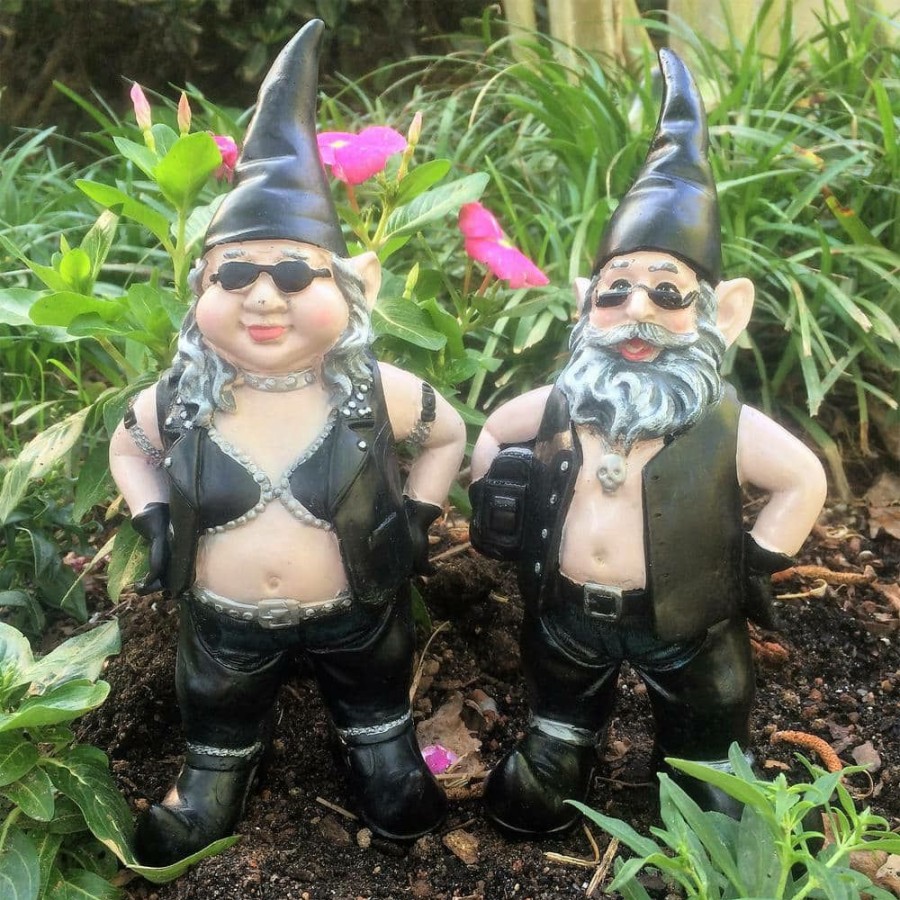 Outdoor Decor * | Homestyles 8.5 In. H Biker Dude And Babe Biker Gnomes In Leather Motorcycle Riding Gear Home And Garden Gnome Figurine