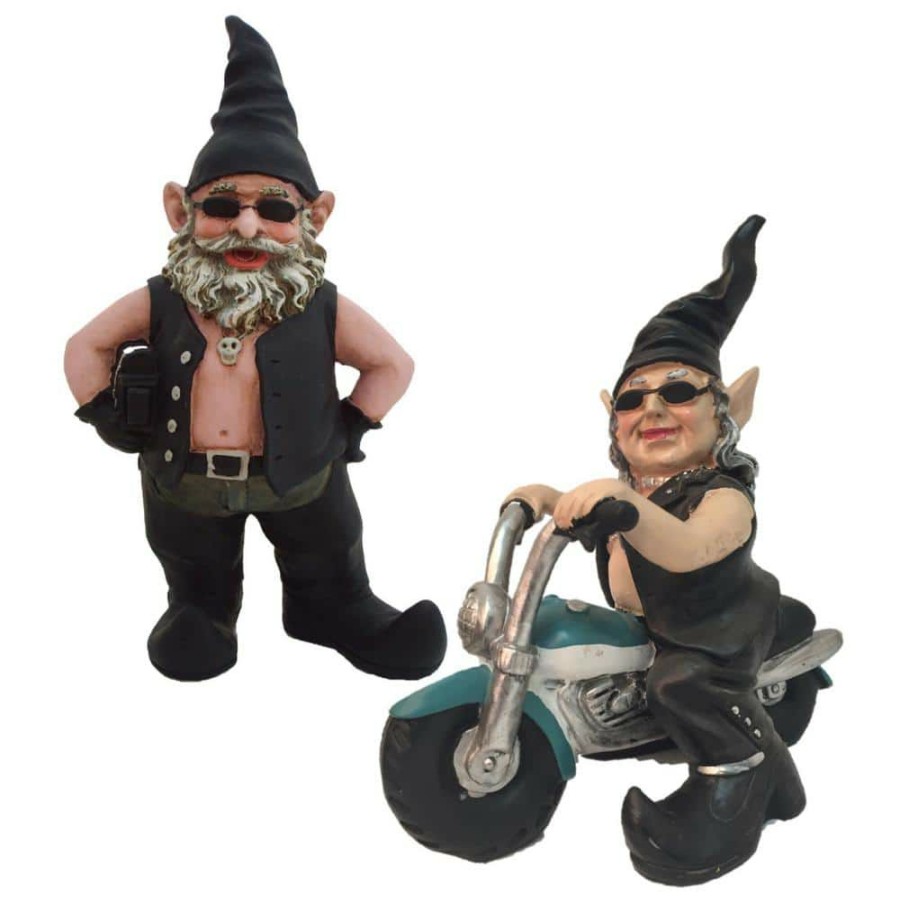 Outdoor Decor * | Homestyles 14.5 In. Biker Dude And Babe On Teal Bike In Leather Motorcycle Attire Garden Statue