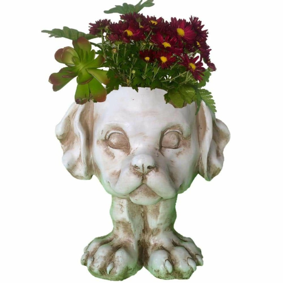 Outdoor Decor * | Homestyles 12 In. Antique White Muttley The Dog Muggly Planter Statue Holds 4 In. Pot