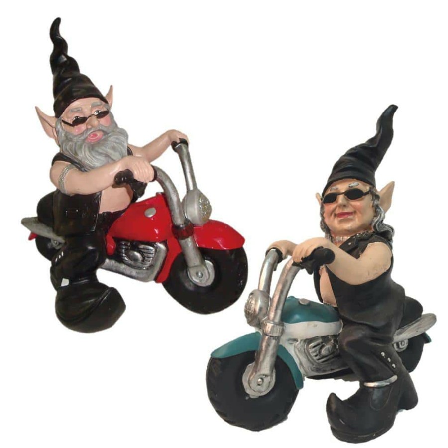 Outdoor Decor * | Homestyles 12 In. H Biker Dude & Babe The Biker Gnomes In Leather Motorcycle Gear Riding Red & Teal Hogs Home & Garden Gnome Statue