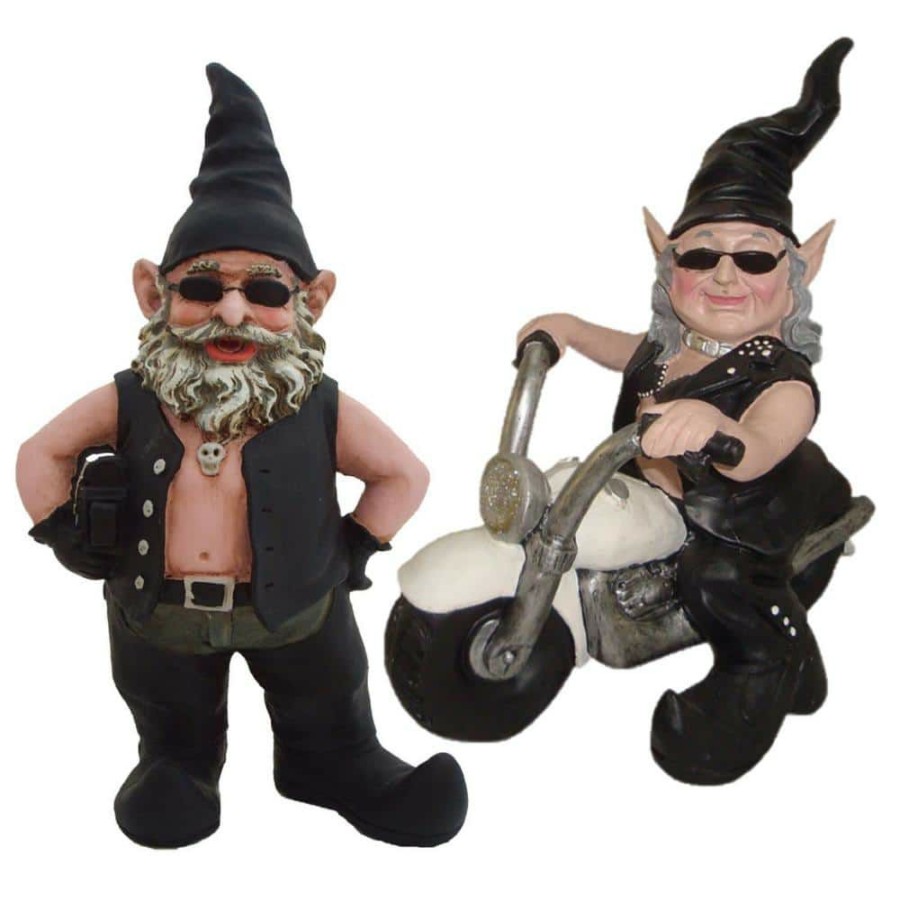 Outdoor Decor * | Homestyles 14.5 In. H Biker Dude And Babe Gnome Riding Her 12 In. H White Bike In Leather Motorcycle Gear Garden Statue