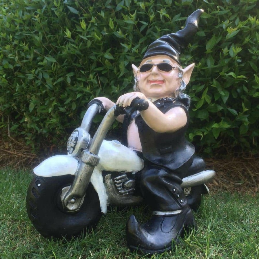 Outdoor Decor * | Homestyles 14.5 In. H Biker Dude And Babe Gnome Riding Her 12 In. H White Bike In Leather Motorcycle Gear Garden Statue