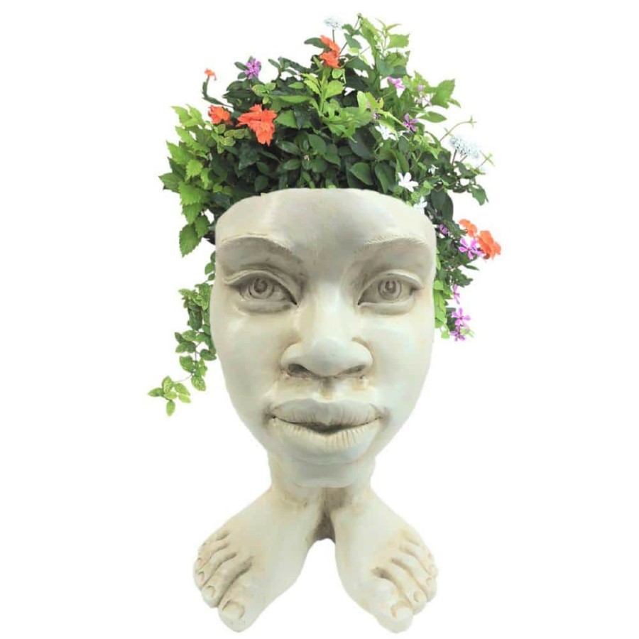 Outdoor Decor * | Homestyles 12 In. Antique White Auntie Kayla The Muggly Statue Face Planter Holds 5 In. Pot