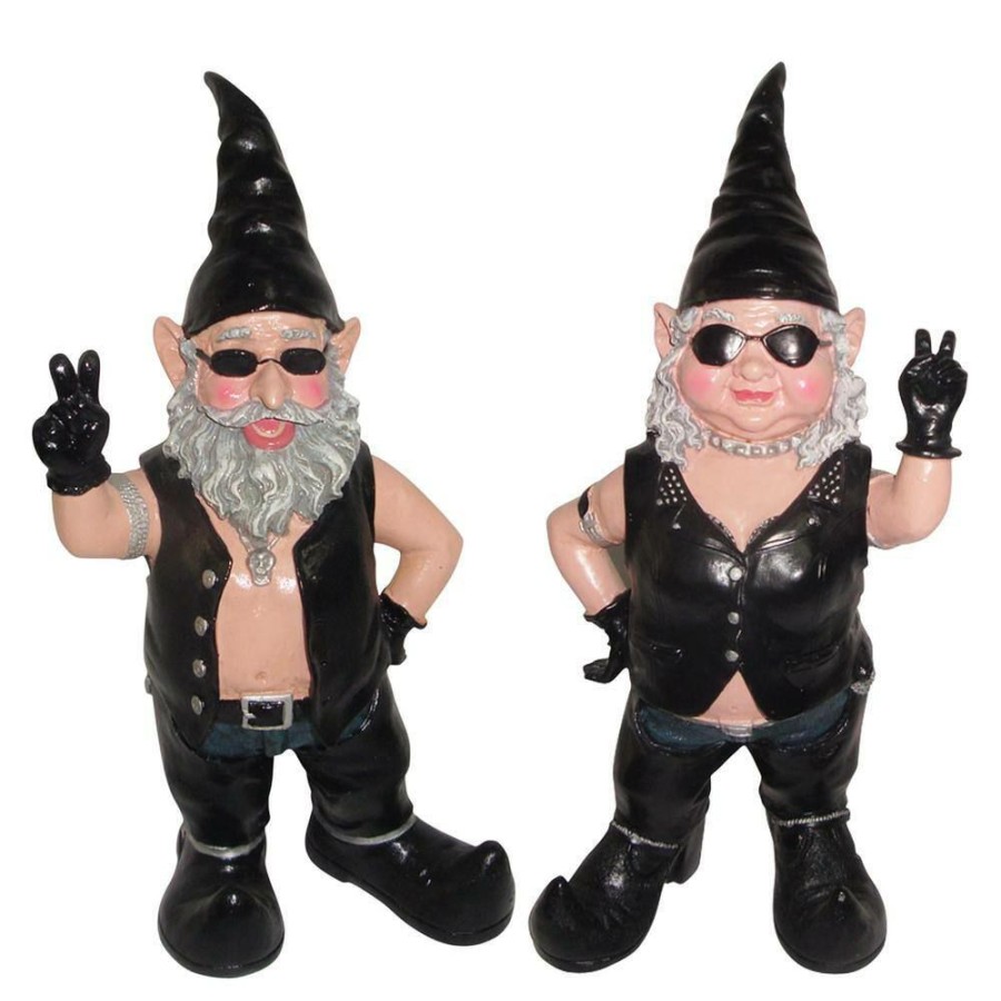 Outdoor Decor * | Homestyles 14.5 In. H Peace Sign Biker Dude And Babe The Biker Gnome In Leather Motorcycle Riding Gear 2-Piece Set Statues