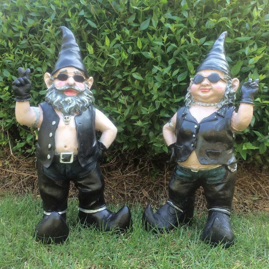 Outdoor Decor * | Homestyles 14.5 In. H Peace Sign Biker Dude And Babe The Biker Gnome In Leather Motorcycle Riding Gear 2-Piece Set Statues