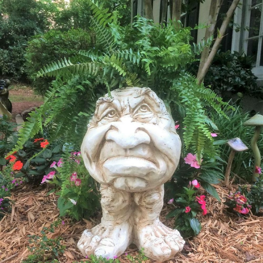 Outdoor Decor * | Homestyles 18 In. Antique White Grumpy The Muggly Face Statue Planter Holds 7 In. Pot