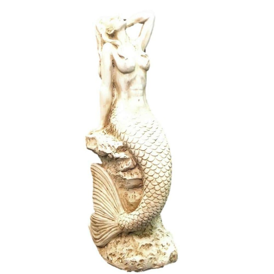 Outdoor Decor * | Homestyles 20 In. Antique White Sexy Mermaid Sitting On Coastal Rock Beach Nautical Statue