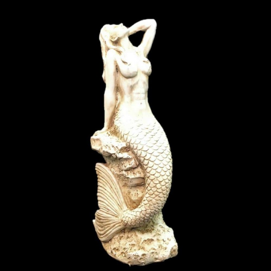 Outdoor Decor * | Homestyles 20 In. Antique White Sexy Mermaid Sitting On Coastal Rock Beach Nautical Statue