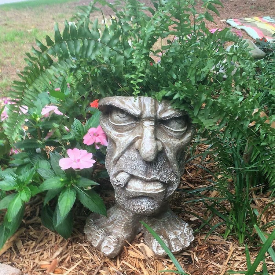 Outdoor Decor * | Homestyles 13 In. Stone Wash Uncle Carmine And Auntie Kayla The Muggly Face Statue Planter Holds 5 In. Pot