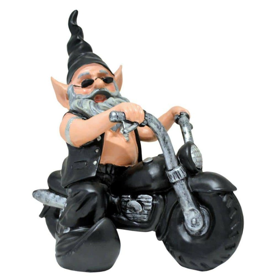 Outdoor Decor * | Homestyles 12 In. H "Biker Dude" The Biker Gnome In Leather Motorcycle Gear Riding His Black Bike Home And Garden Gnome Statue