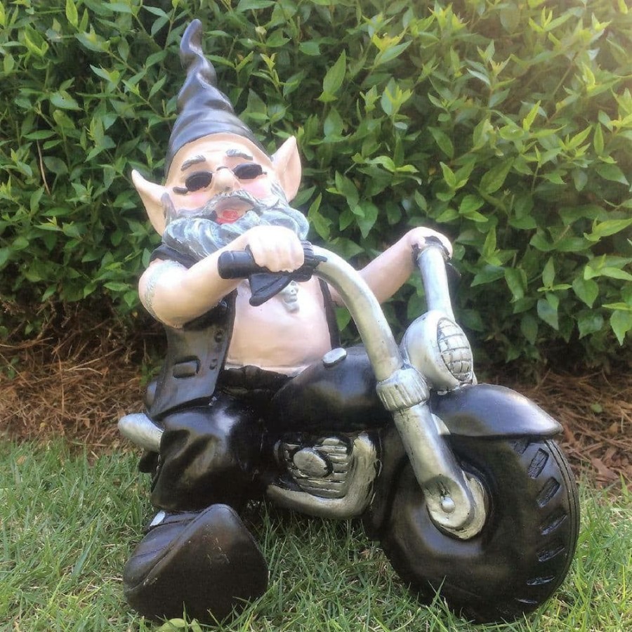 Outdoor Decor * | Homestyles 12 In. H "Biker Dude" The Biker Gnome In Leather Motorcycle Gear Riding His Black Bike Home And Garden Gnome Statue