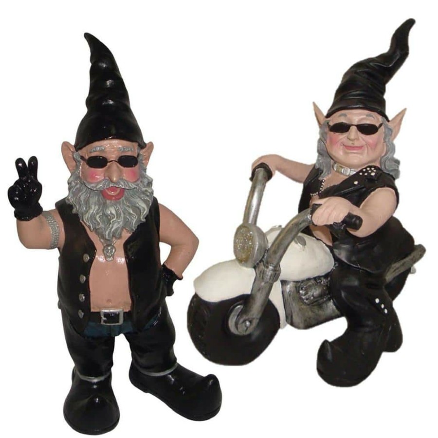 Outdoor Decor * | Homestyles 14.5 In. H Peace Sign Biker Dude And Babe Gnome Riding Her White Motorcycle Garden Statue