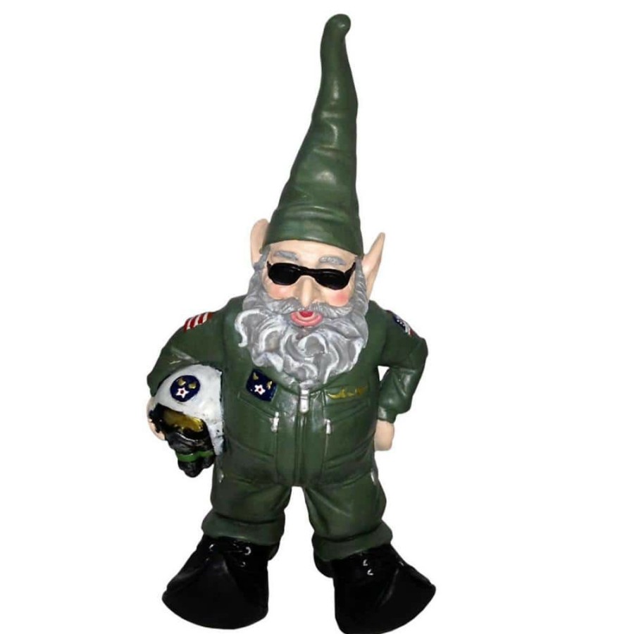 Outdoor Decor * | Homestyles 15 In. H Top Gun Air Force Gnome Pilot Military Soldier In Green Flight Suit Home And Garden Gnome Statue