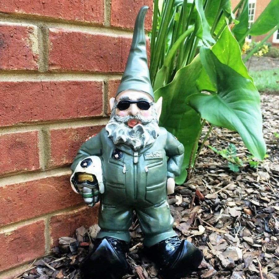 Outdoor Decor * | Homestyles 15 In. H Top Gun Air Force Gnome Pilot Military Soldier In Green Flight Suit Home And Garden Gnome Statue