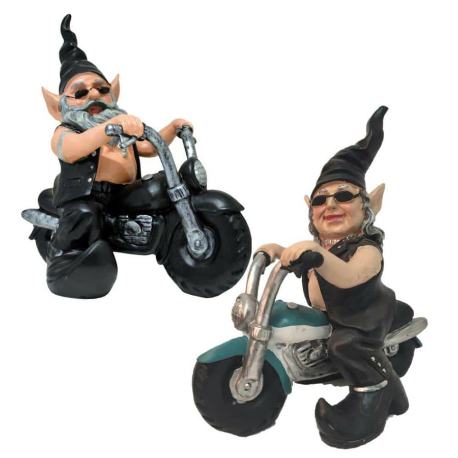 Outdoor Decor * | Homestyles 12 In. H Biker Dude And Babe Gnomes In Leather Motorcycle Gear Riding Black And Teal Hogs Home And Garden Statue