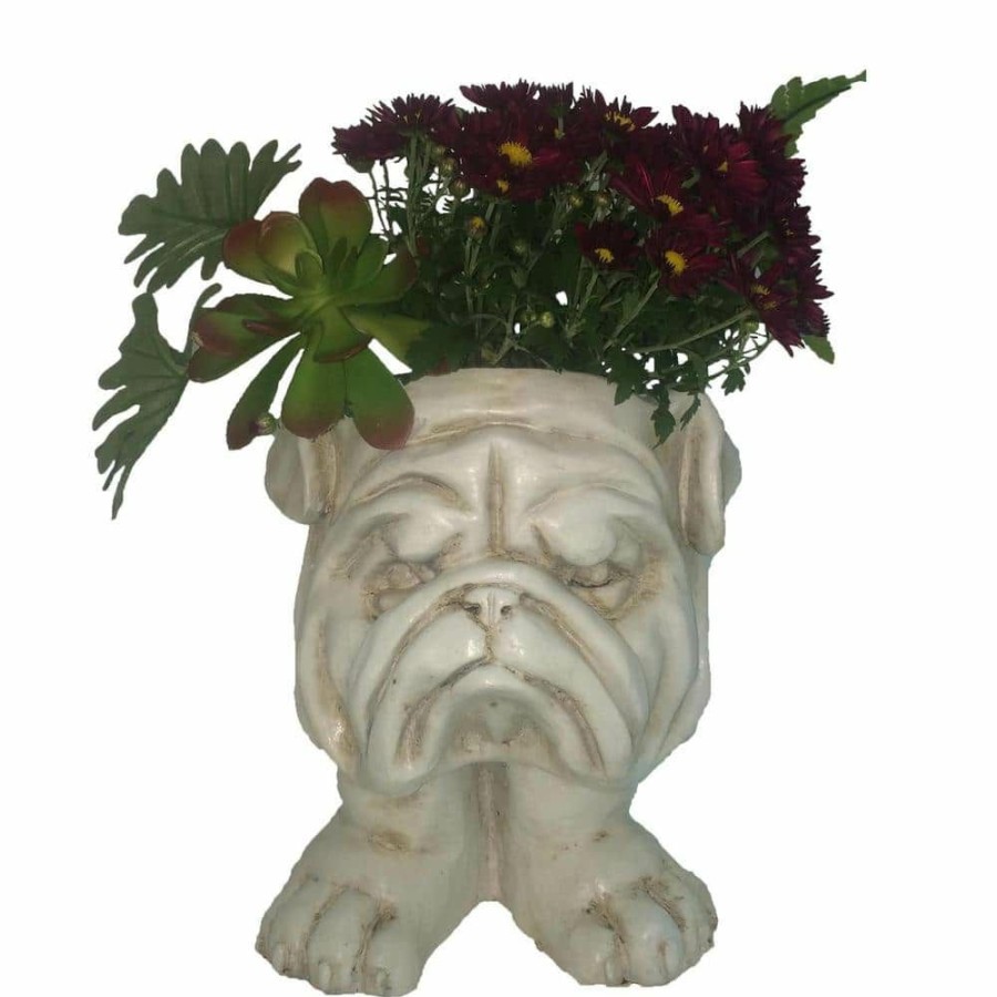 Outdoor Decor * | Homestyles 13 In. Antique White Bulldog Muggly Planter Statue Holds 4 In. Pot