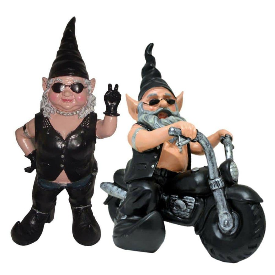 Outdoor Decor * | Homestyles 14.5 In. H Peace Sign Babe And Dude Biker Gnome Riding His 12 In. H Black Bike In Leather Motorcycle Gear Garden Statue