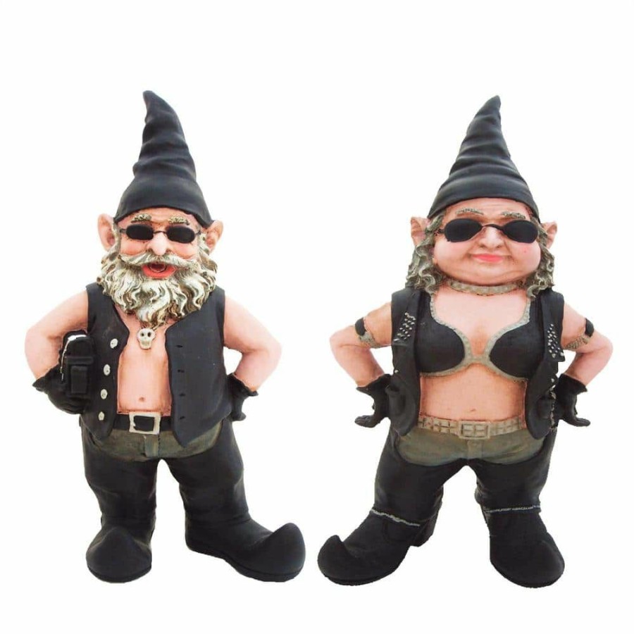 Outdoor Decor * | Homestyles 14.5 In. H Biker Dude And Babe Biker Gnomes In Leather Motorcycle Riding Gear Home And Garden Gnome Statue