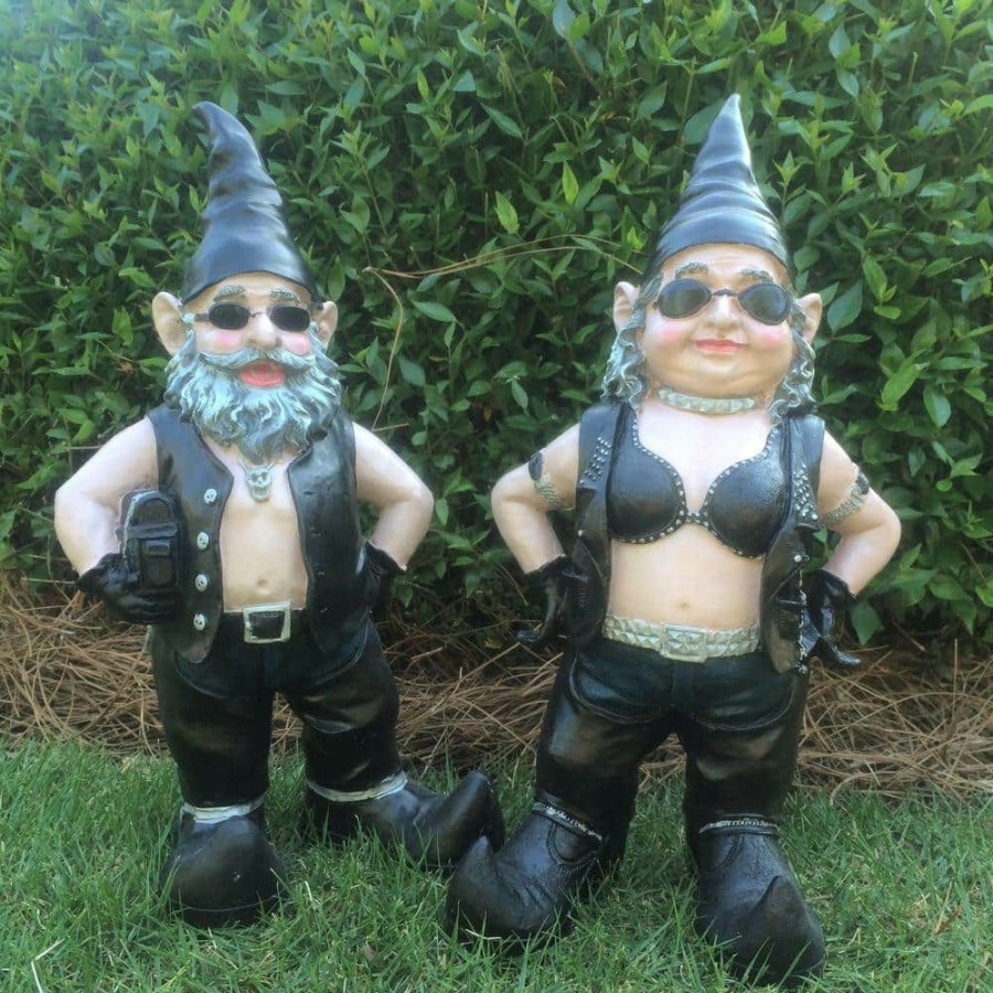 Outdoor Decor * | Homestyles 14.5 In. H Biker Dude And Babe Biker Gnomes In Leather Motorcycle Riding Gear Home And Garden Gnome Statue