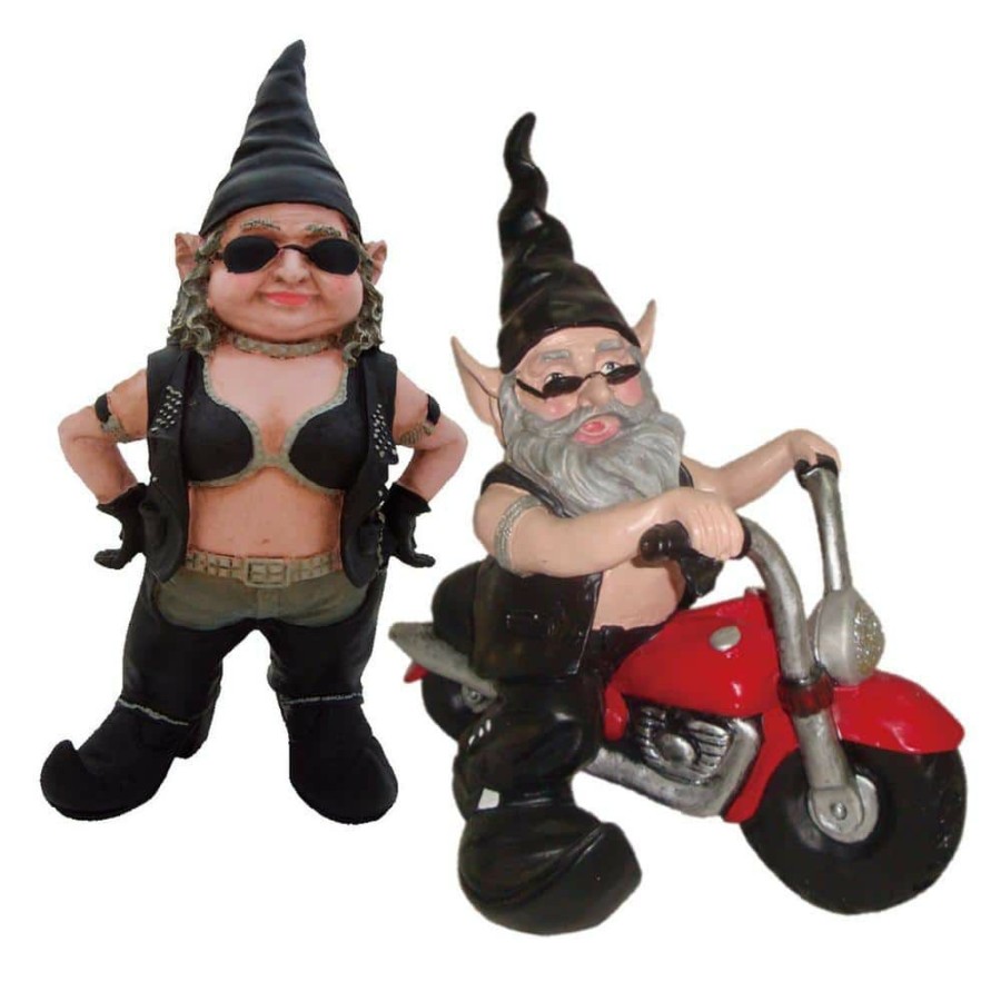 Outdoor Decor * | Homestyles 14.5 In. H Biker Babe And Dude The Gnome Riding His 12 In. H Red Bike In Leather Motorcycle Gear Garden Statue