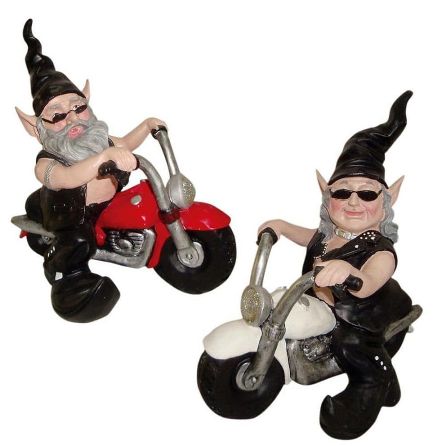 Outdoor Decor * | Homestyles 12 In. H Biker Dude And Babe The Biker Gnomes In Leather Motorcycle Gear Riding Red And White Bikes