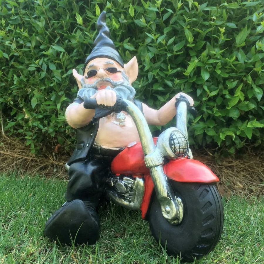 Outdoor Decor * | Homestyles 12 In. H Biker Dude And Babe The Biker Gnomes In Leather Motorcycle Gear Riding Red And White Bikes